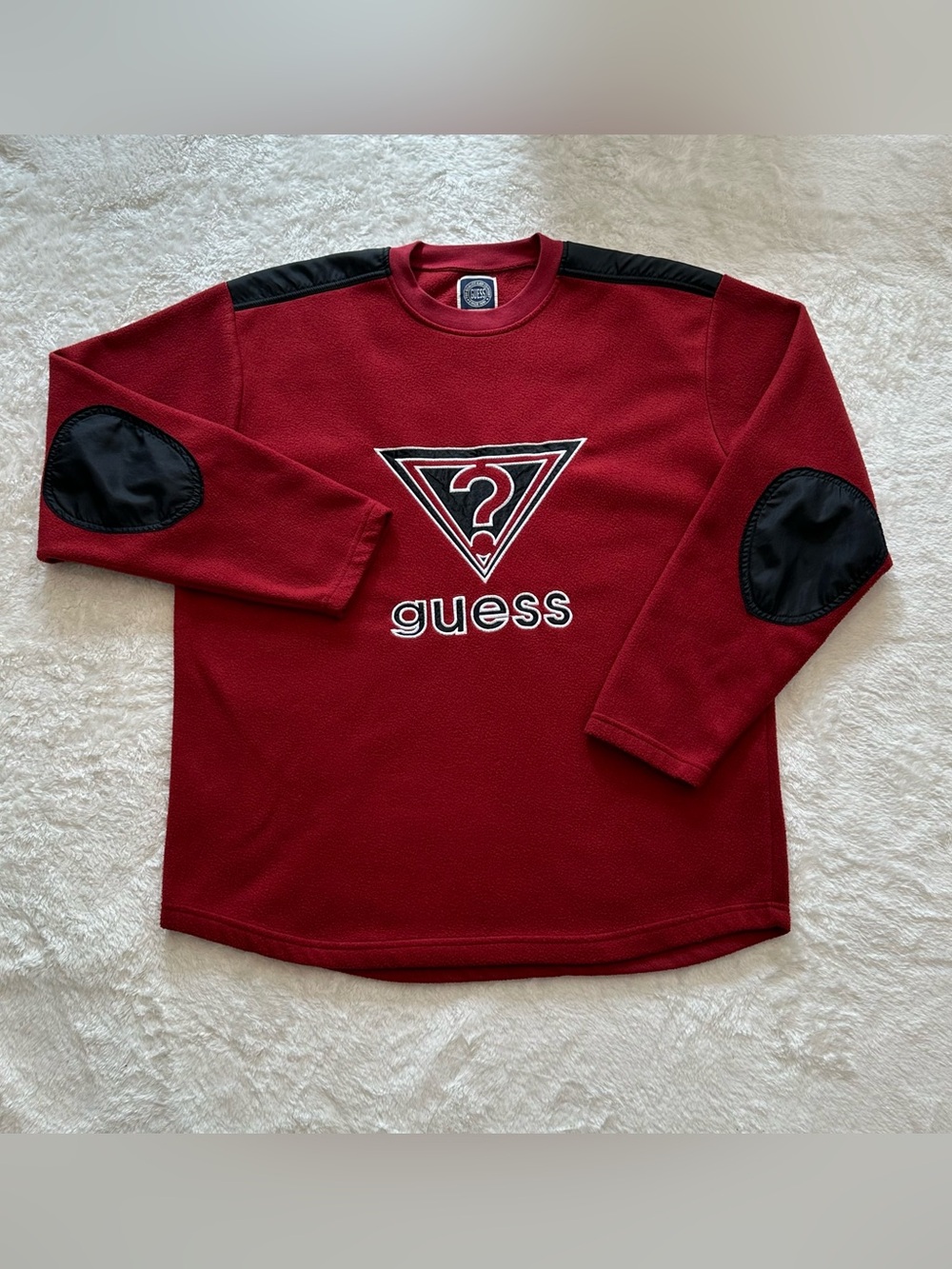 Vintage 90s Guess Question Mark Red Fleece Crewneck Sweatshirt Large Patches